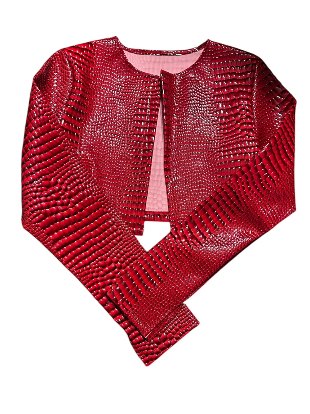 Textured Red Cropped Open Front Jacket